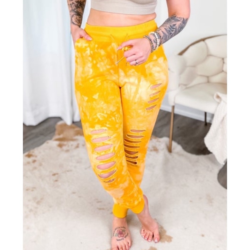 White Birch distressed yellow tie dye joggers